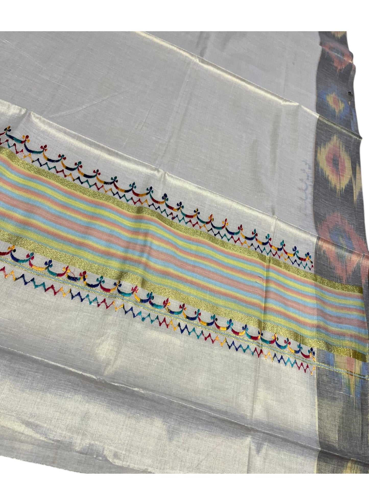 Southloom Kerala Tissue Kasavu Saree with Multi Colour Pochampally Design on Borders and Kara