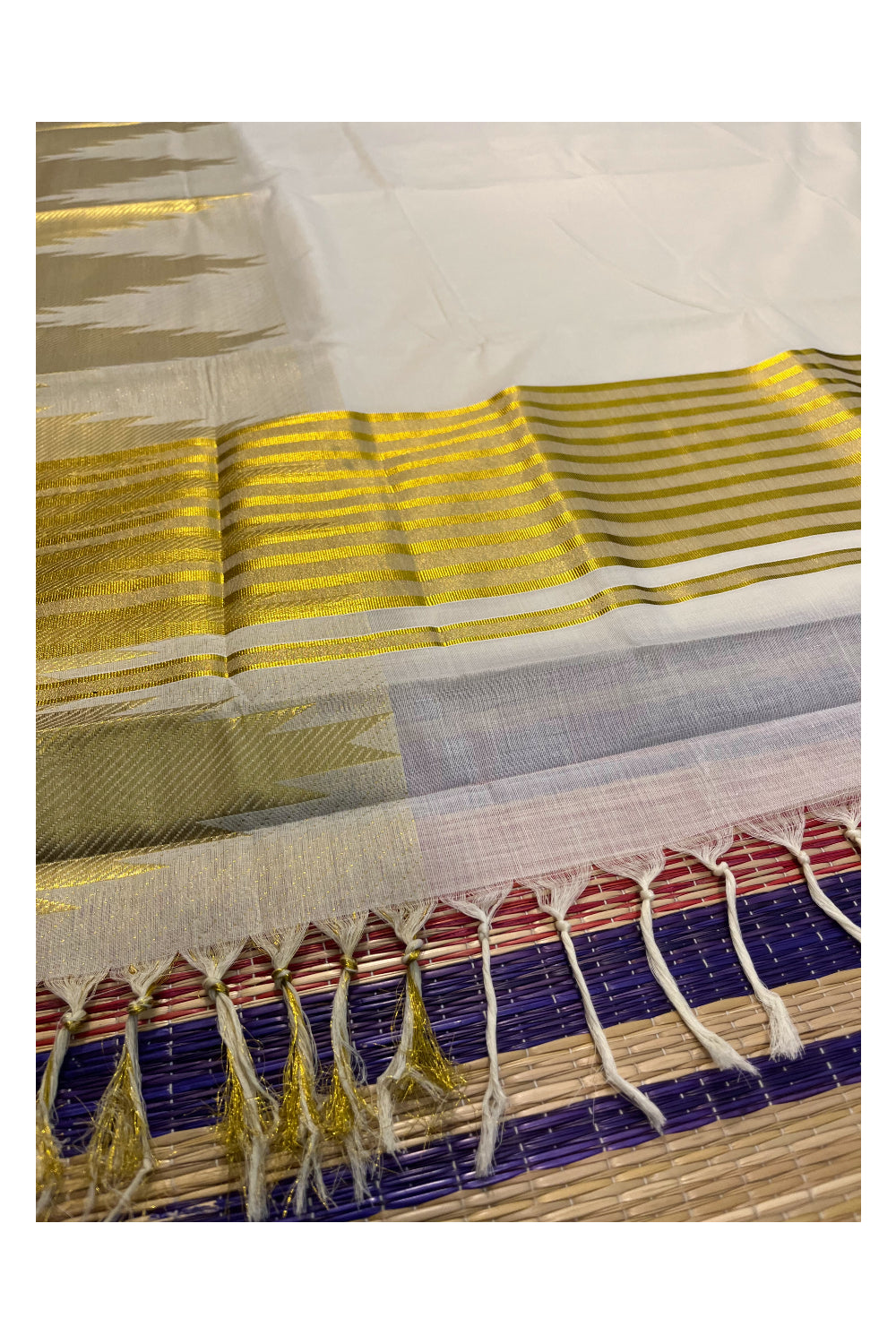 Kerala Cotton Kasavu Saree With Heavy Temple Woven Works on Border