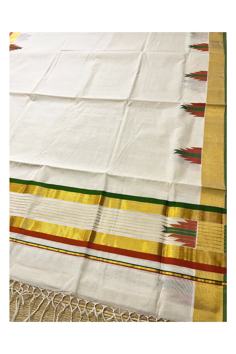 Southloom™ Premium Handloom Cotton Kasavu Saree with Orange Olive Green Temple Woven Border and Stripes Work on Pallu