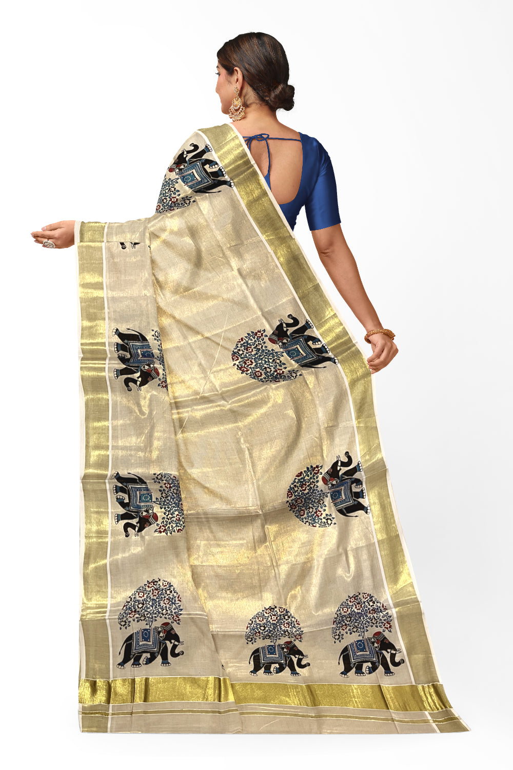 Kerala Tissue Kasavu Saree with Black and Blue Elephant Mural Prints on Border and Pallu