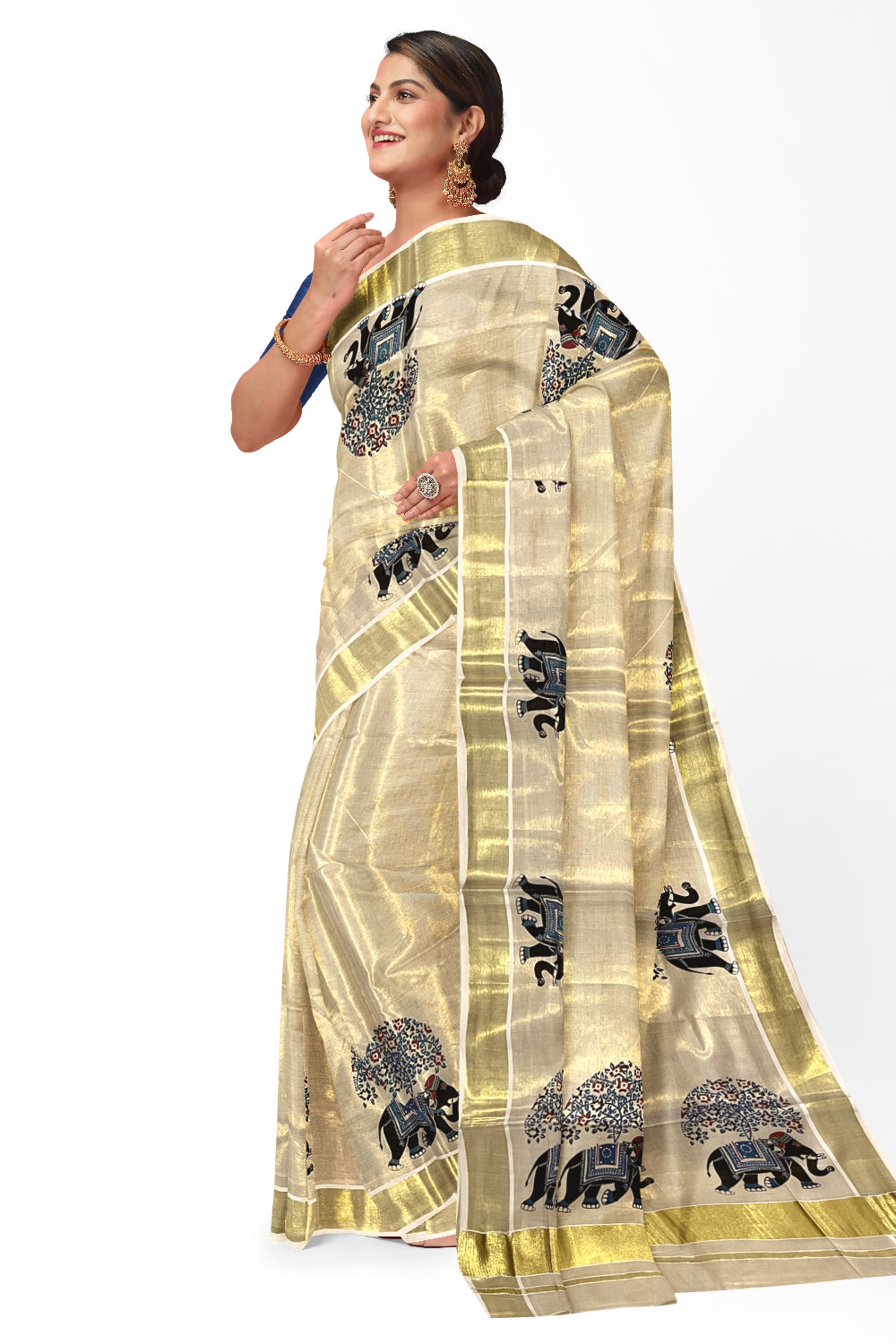 Kerala Tissue Kasavu Saree with Black and Blue Elephant Mural Prints on Border and Pallu