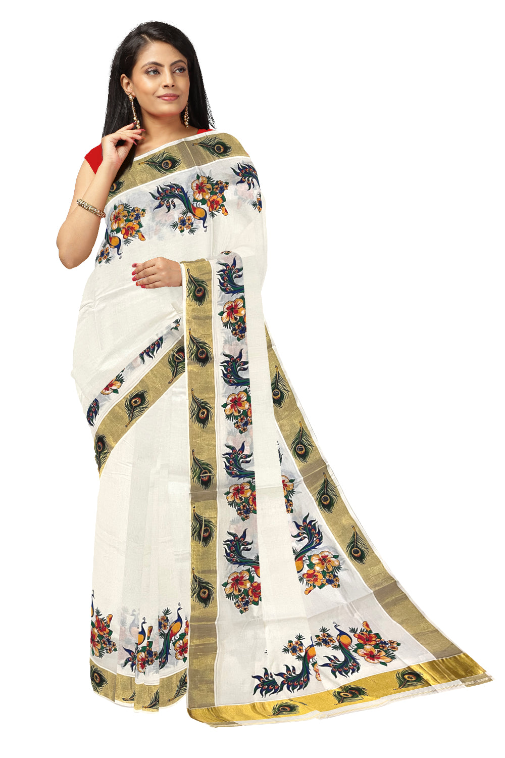 Pure Cotton Kerala Kasavu Saree with Peacock Mural Printed Design (Onam Saree 2023)