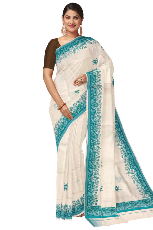 Kerala Cotton Saree with Turquoise Floral Block Prints on Border (Onam Saree 2023)