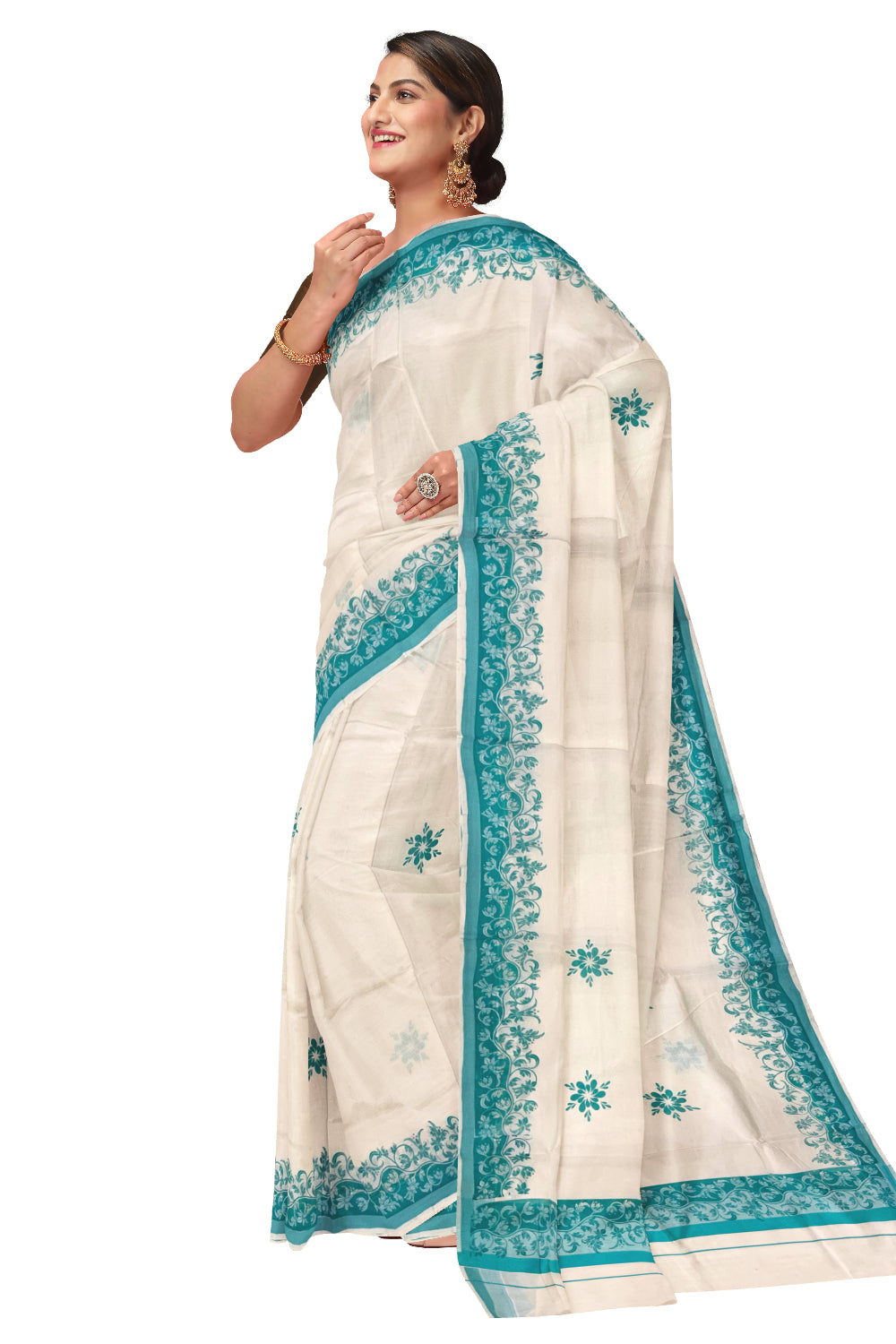 Kerala Cotton Saree with Turquoise Floral Block Prints on Border (Onam Saree 2023)