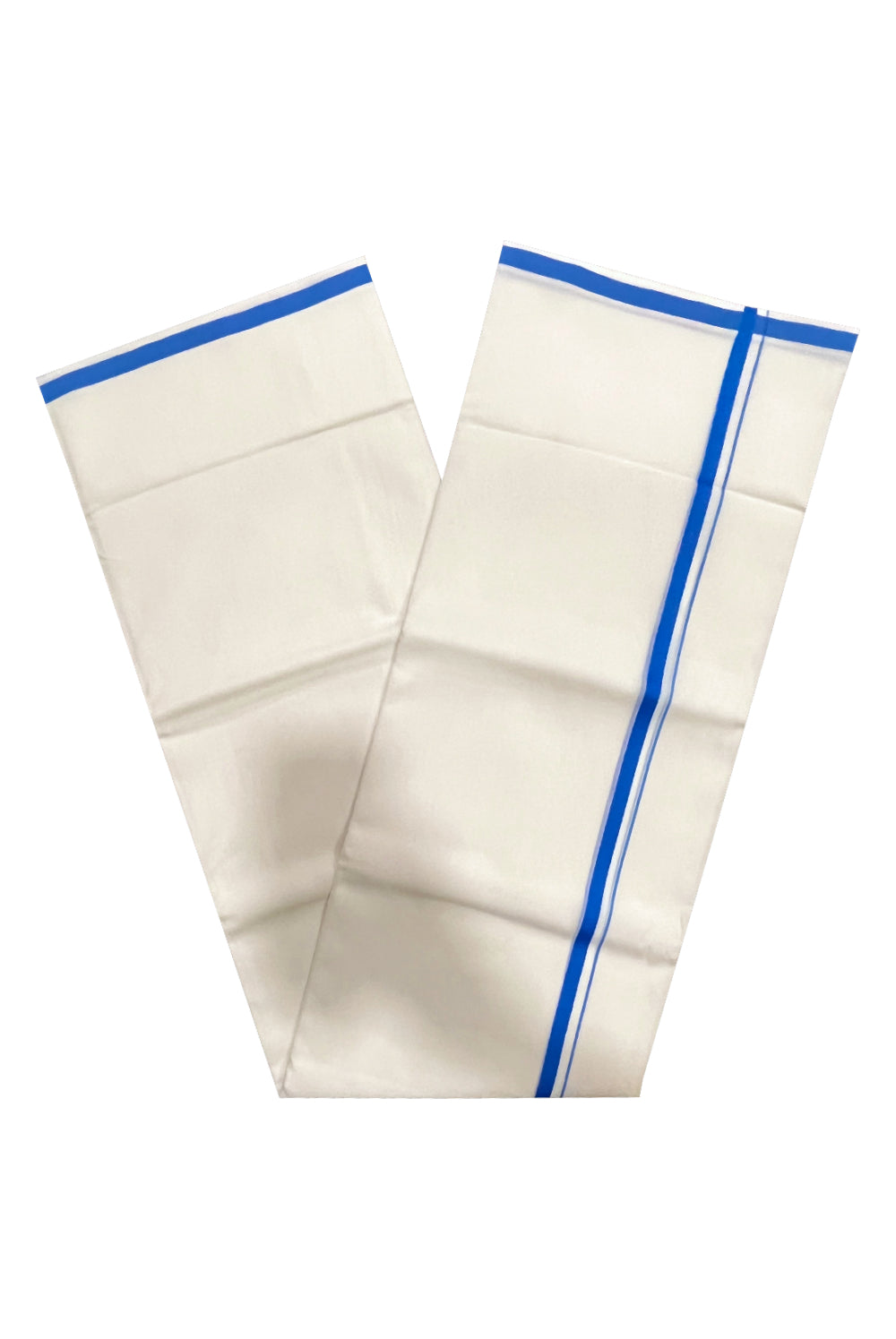 Pure White Cotton Double Mundu with Blue Border (South Indian Kerala Dhoti)