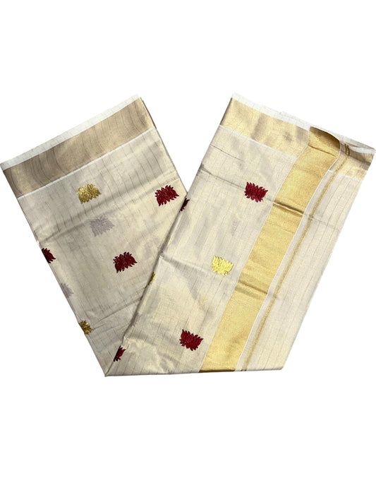 Southloom Kerala Tissue Kasavu Lines Saree with Maroon Lotus Embroidery Works