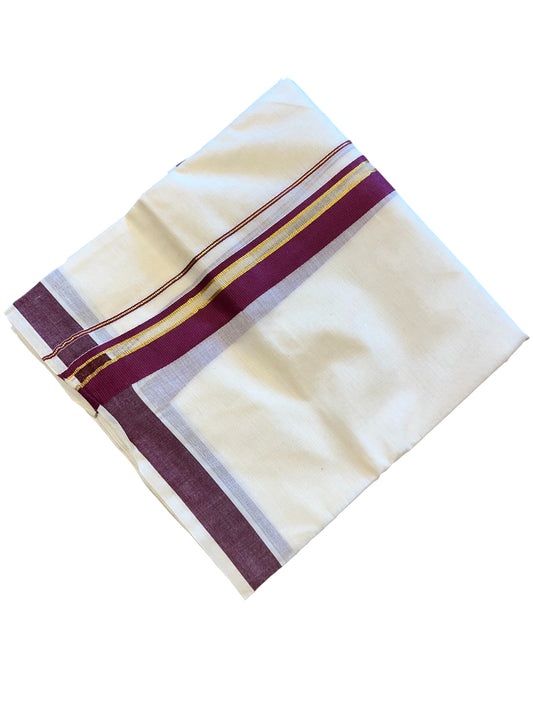 Southloom Pure Cotton Off White Double Mundu with Gold And Red Border(South Indian Kerala Dhoti)