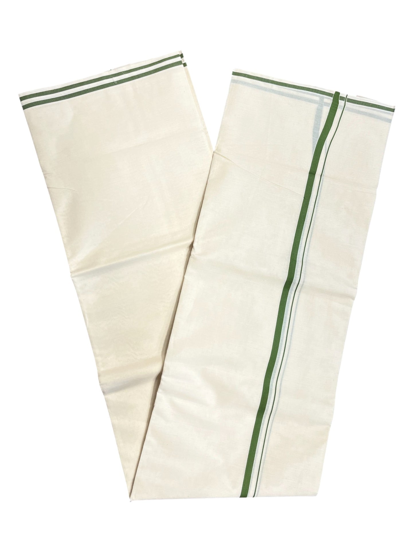 Southloom Kerala Pure Cotton Double Mundu with Green puliyilakara (South Indian Dhoti)