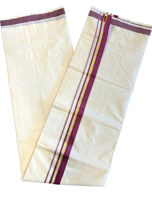 Southloom Pure Cotton Off White Double Mundu with Gold And Red Border(South Indian Kerala Dhoti)