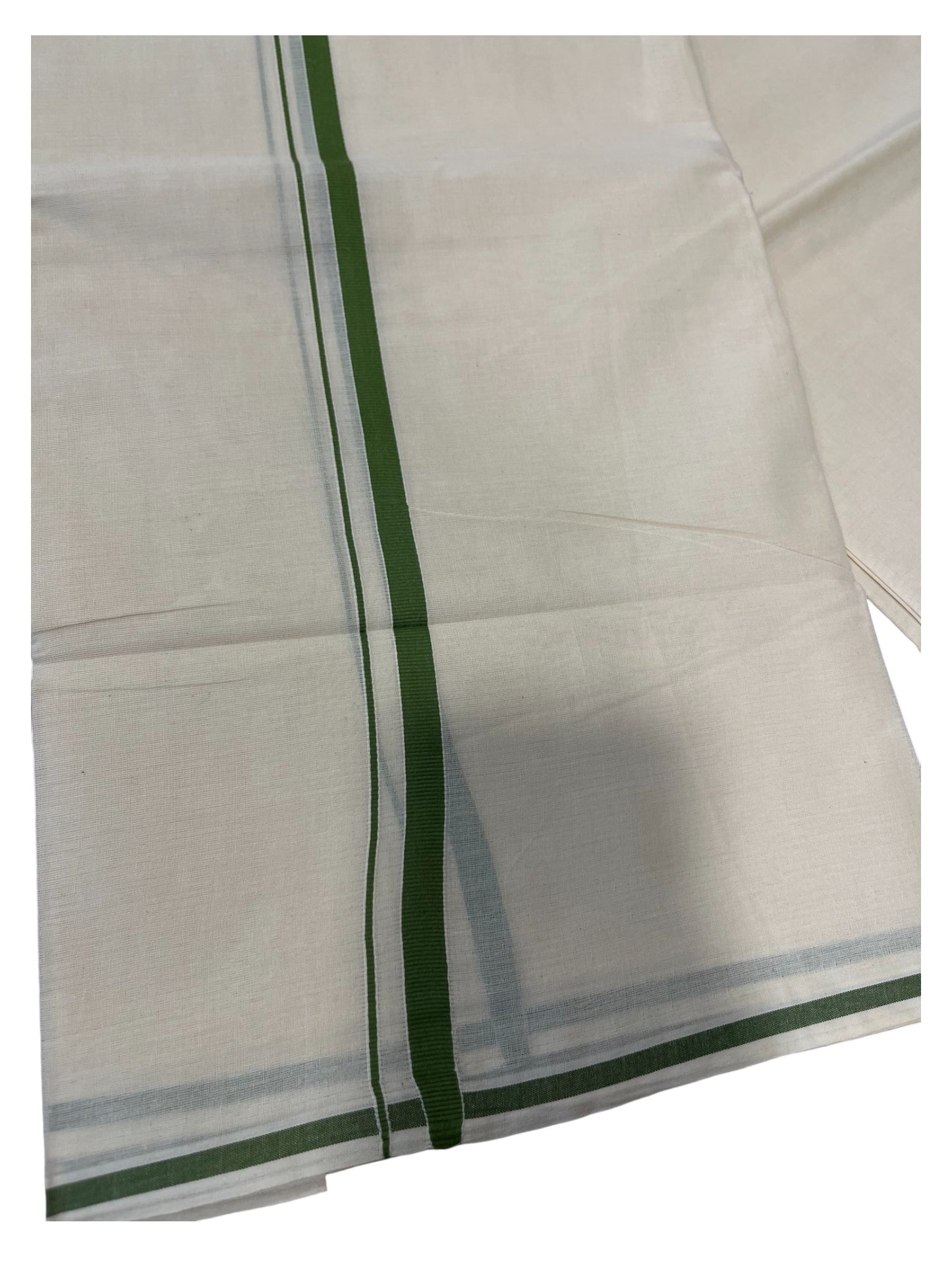 Southloom Kerala Pure Cotton Double Mundu with Green puliyilakara (South Indian Dhoti)