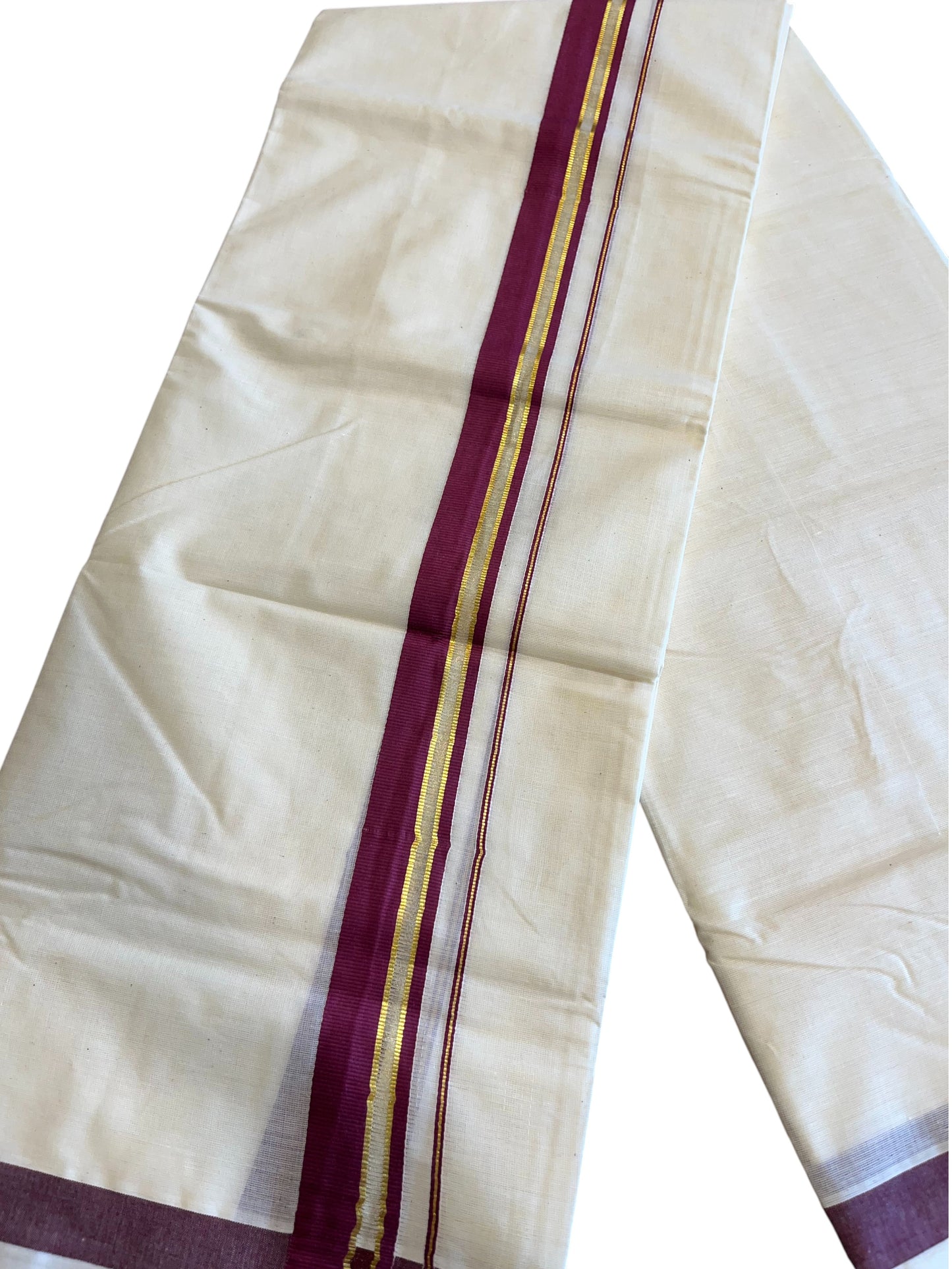Southloom Pure Cotton Off White Double Mundu with Gold And Red Border(South Indian Kerala Dhoti)