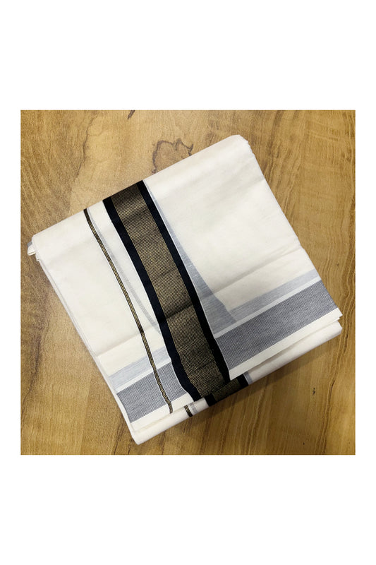 Pure Cotton Mundu with Gold Lines and Black Border (South Indian Kerala Dhoti)