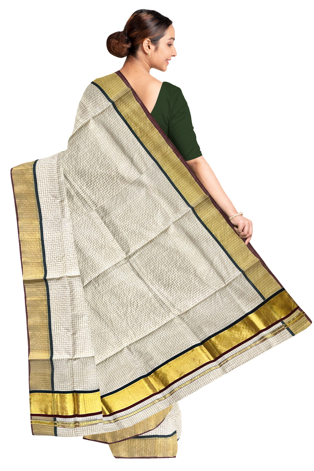 Southloom™ Premium Handloom Cotton Saree with Kasavu Micro Checks Across Body and Maroon Dark Green Border