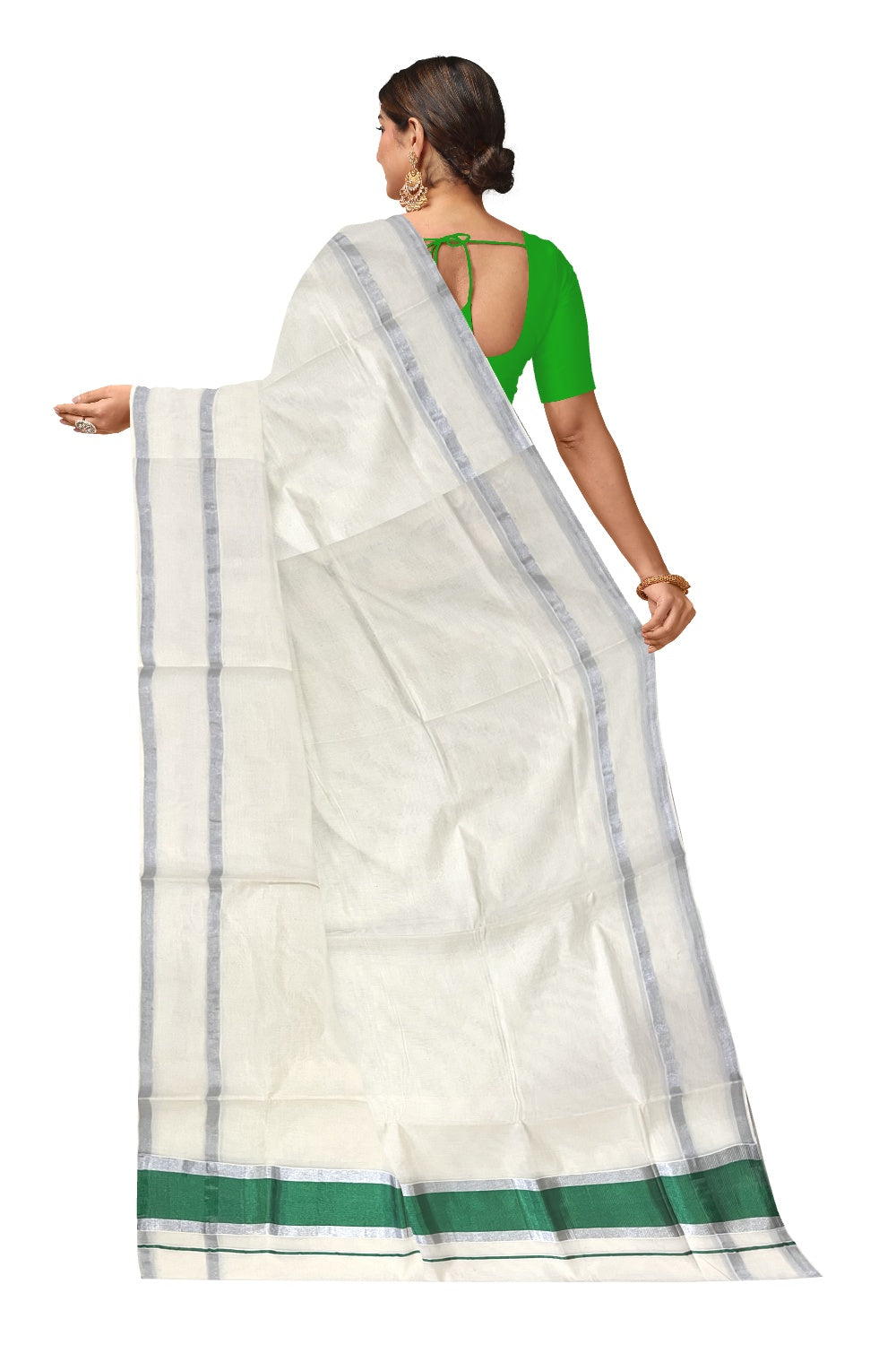 Pure Cotton Kerala Saree with Silver Border and Green Kasavu Pallu (Onam Saree 2023)