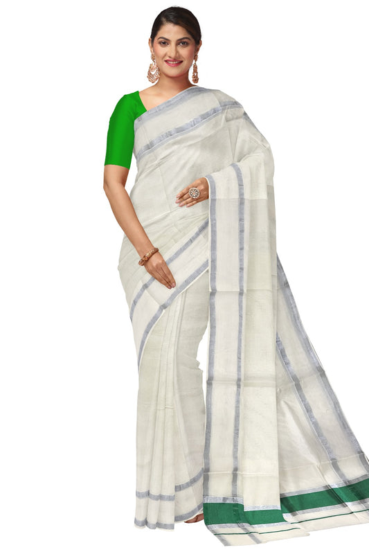 Pure Cotton Kerala Saree with Silver Border and Green Kasavu Pallu (Onam Saree 2023)