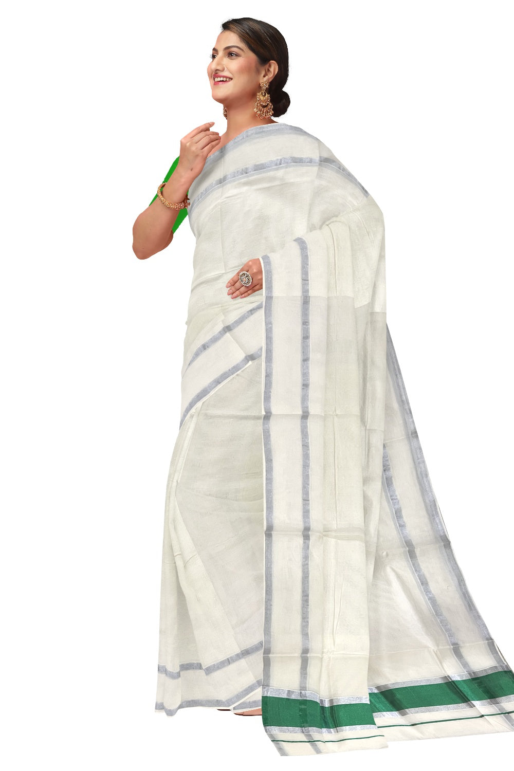 Pure Cotton Kerala Saree with Silver Border and Green Kasavu Pallu (Onam Saree 2023)