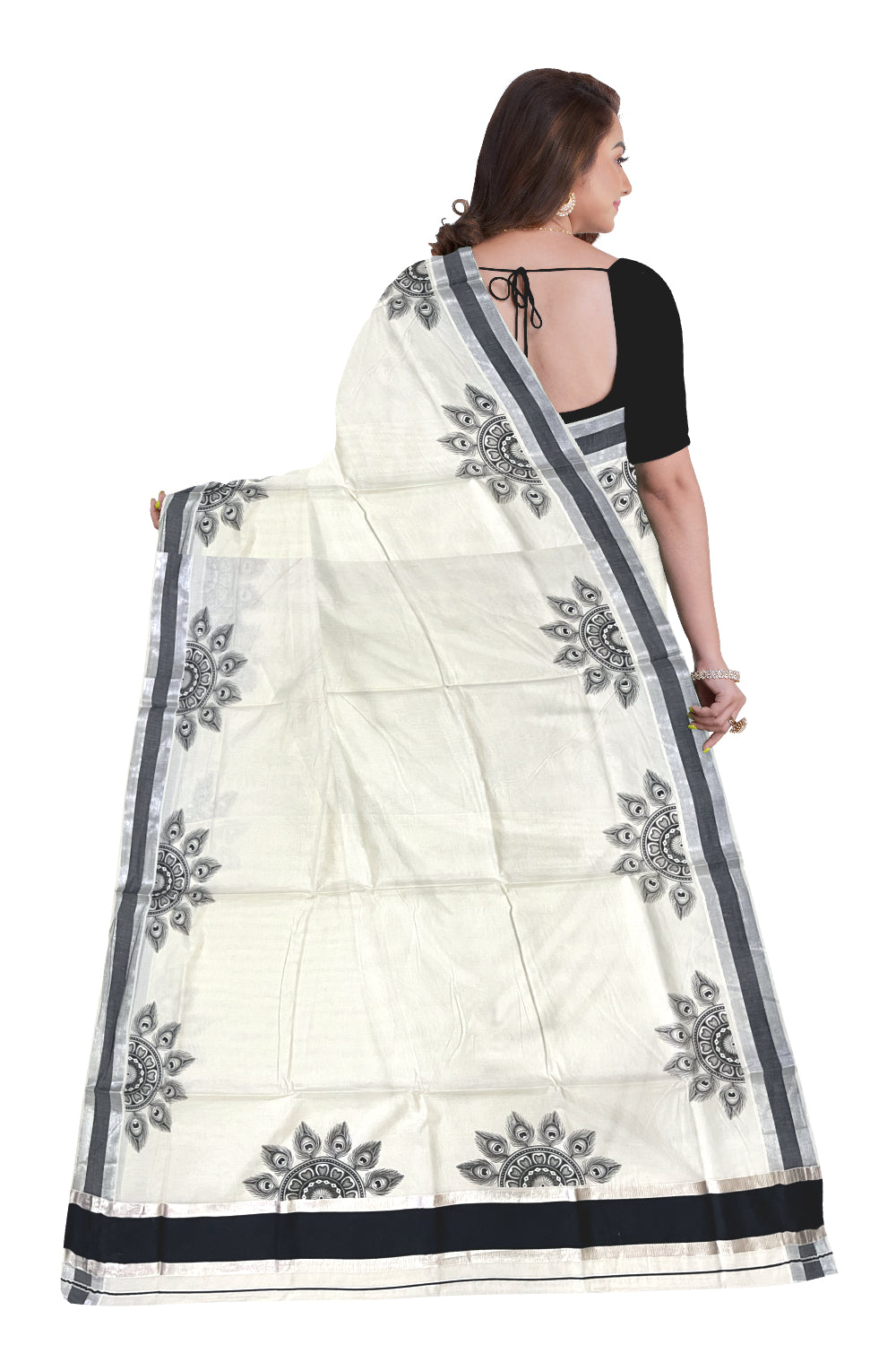 Pure Cotton Kerala Silver Kasavu Saree with Semi Circle Feather Mural Prints and Black Border (Onam Saree 2023)