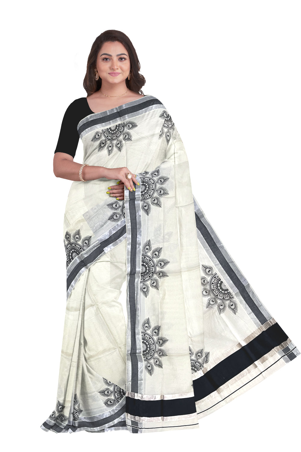 Pure Cotton Kerala Silver Kasavu Saree with Semi Circle Feather Mural Prints and Black Border (Onam Saree 2023)