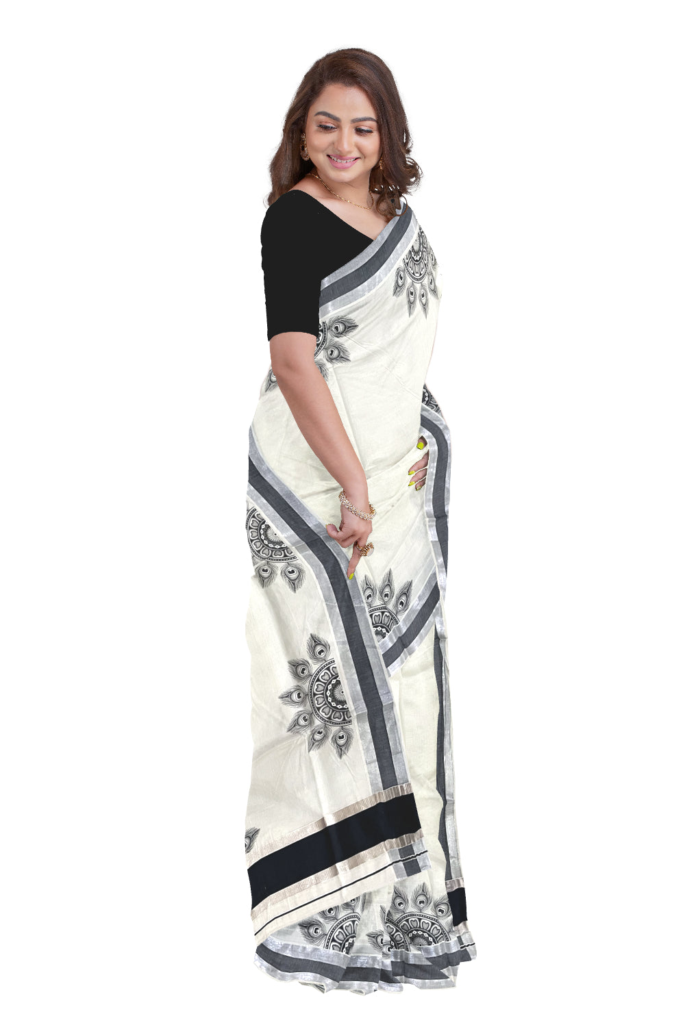 Pure Cotton Kerala Silver Kasavu Saree with Semi Circle Feather Mural Prints and Black Border (Onam Saree 2023)