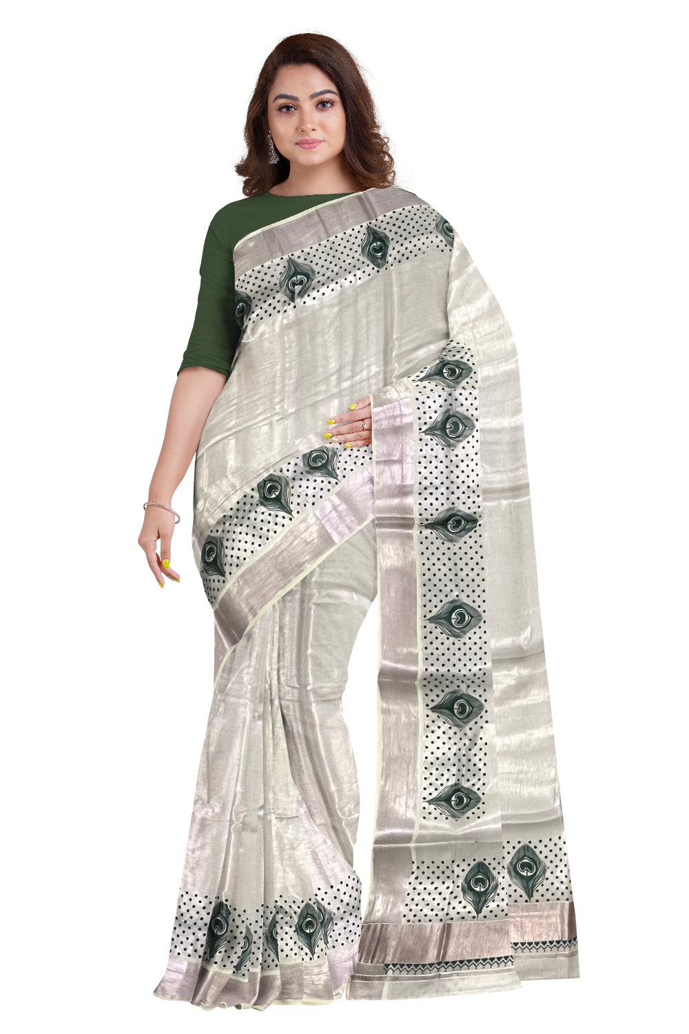 Kerala Rose Copper Tissue Kasavu Saree with Green Feather Block Prints