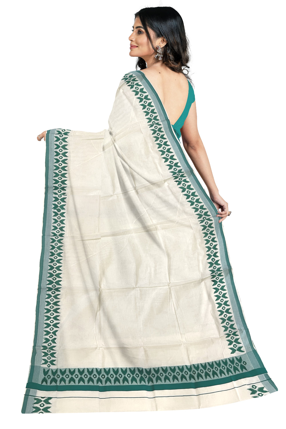 Pure Cotton Kerala Saree with Green Block Printed Border