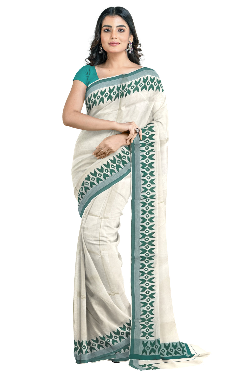 Pure Cotton Kerala Saree with Green Block Printed Border