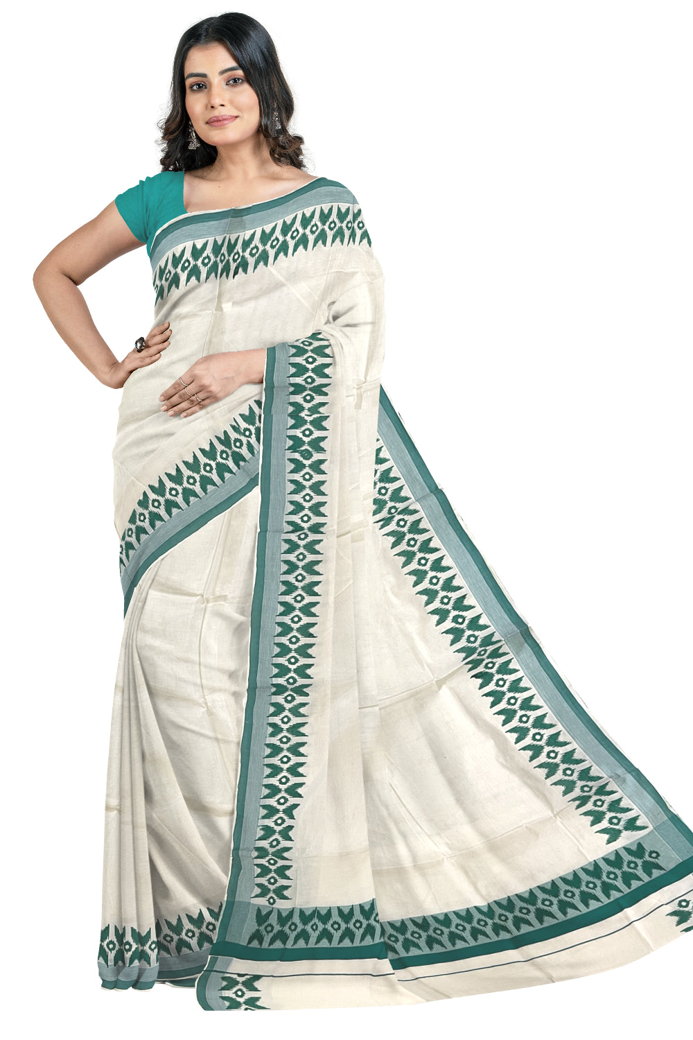 Pure Cotton Kerala Saree with Green Block Printed Border