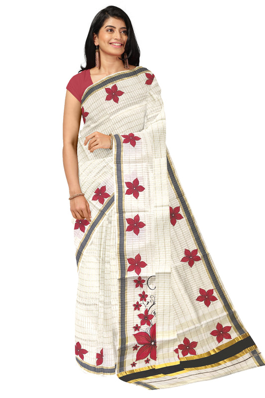 Pure Cotton Kerala Saree with Kasavu Checks and Red Floral Block Prints on Black Border