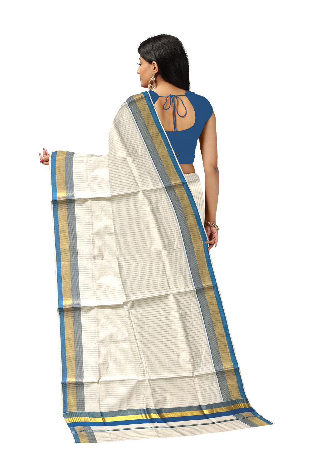 Pure Cotton Kerala Kasavu Lines Design Saree with Blue Border