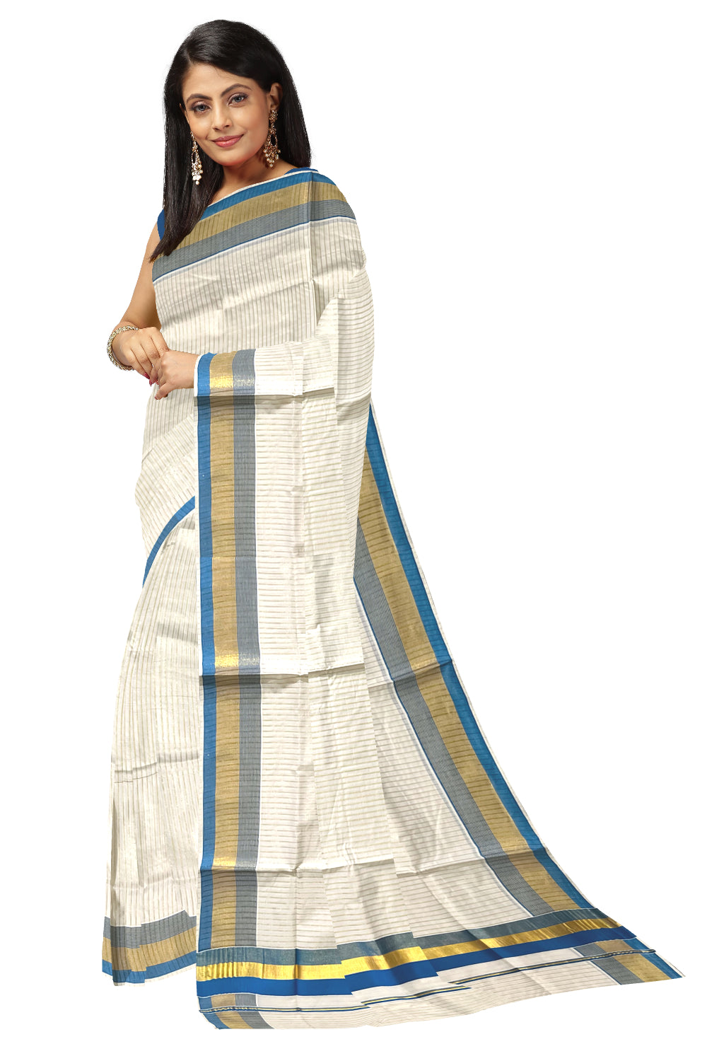 Pure Cotton Kerala Kasavu Lines Design Saree with Blue Border