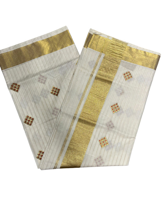Kerala Cotton Kasavu Stripes Saree with Floral Embroidery Design on Body