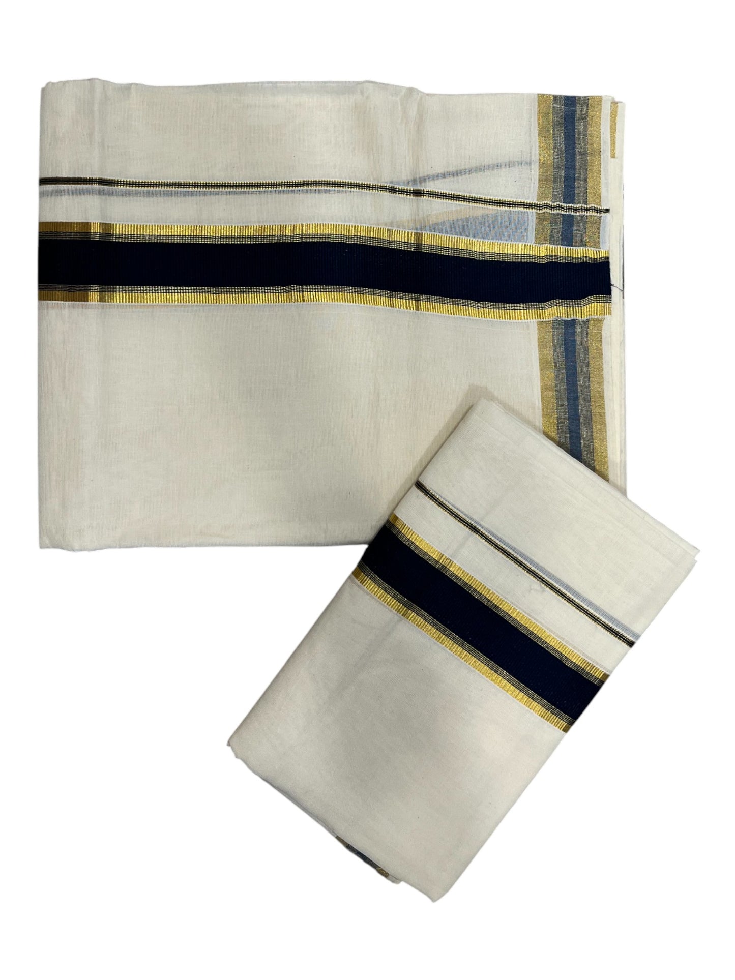 Kerala Cotton Set Mundu (Mundum Neriyathum) with Kasavu and Blue Border