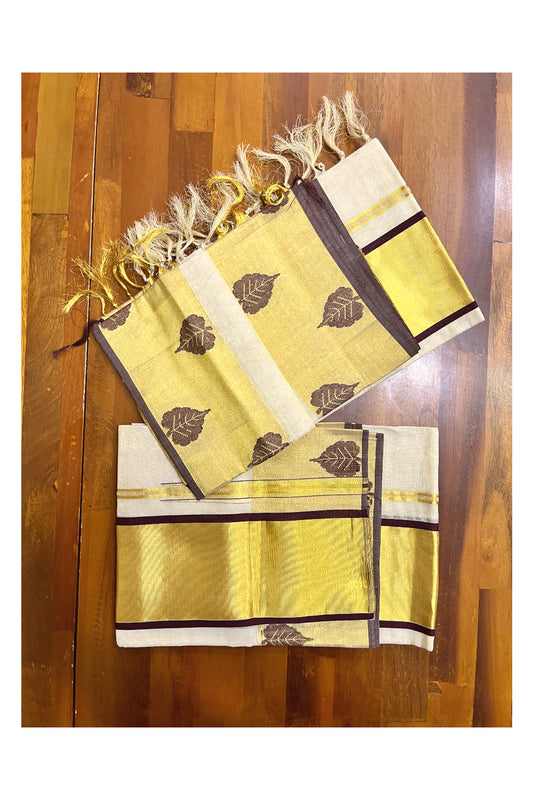 Southloom Handloom Premium Tissue Kasavu Set Mundu With Brown Leaf Woven Patterns (Mundum Neriyathum) 2.70 Mtrs