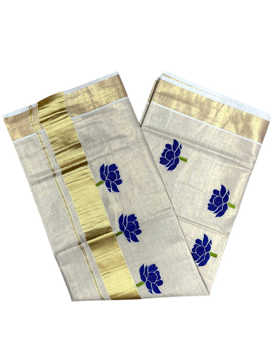 Southloom Kerala Tissue Kasavu Saree with Blue Lotus Embroidery Design SL289