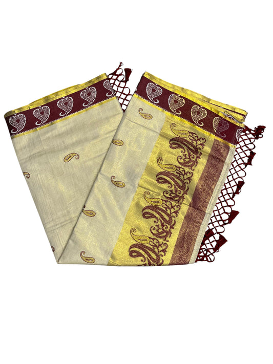 Southloom Kerala Tissue Kasavu Plain Saree with Maroon Floral Embroidery Works