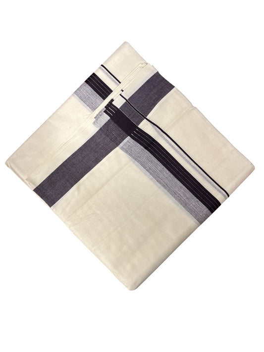 Southloom Kerala Pure Cotton Double Mundu with Grey Lines & Purple Border (South Indian Dhoti)
