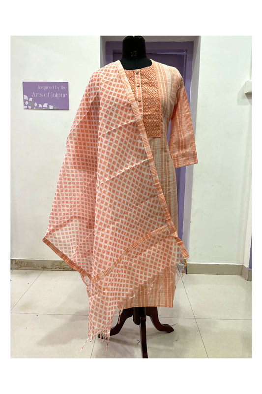 Southloom Stitched Cotton Salwar Set in Peach and Check Prints on Body