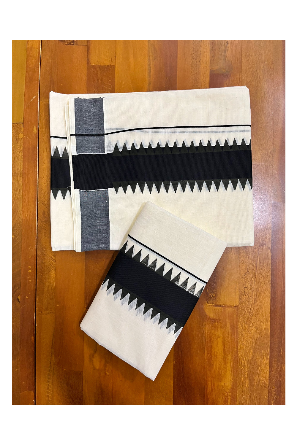 Kerala Pure Cotton Set Mundu Single (Mundum Neriyathum) with Black Temple Border - 2.80Mtrs