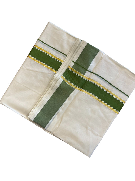 Southloom Pure Cotton Mundu with Gold Kasavu and OliveGreen Colour Border (South Indian Kerala Dhoti)