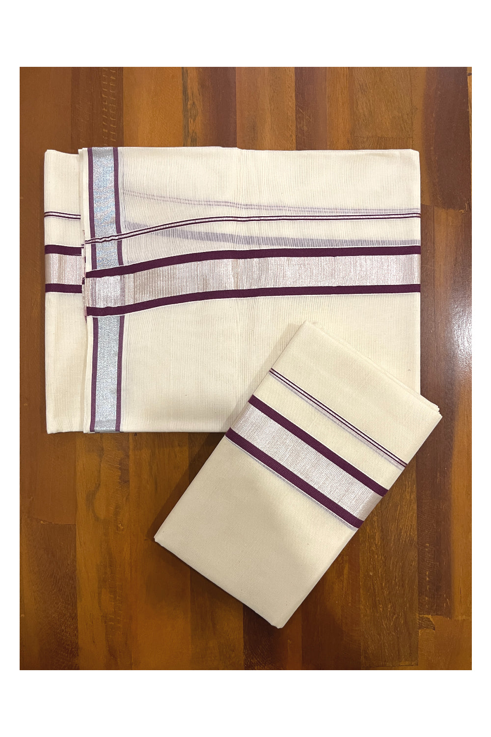 Kerala Cotton Mundum Neriyathum Single (Set Mundu) with Purple and Silver Kasavu Border 2.80 Mtrs