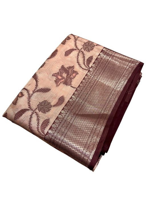 Southloom Tissue Silk Saree with Woven Work on Body and Borders (Peach & Brown)