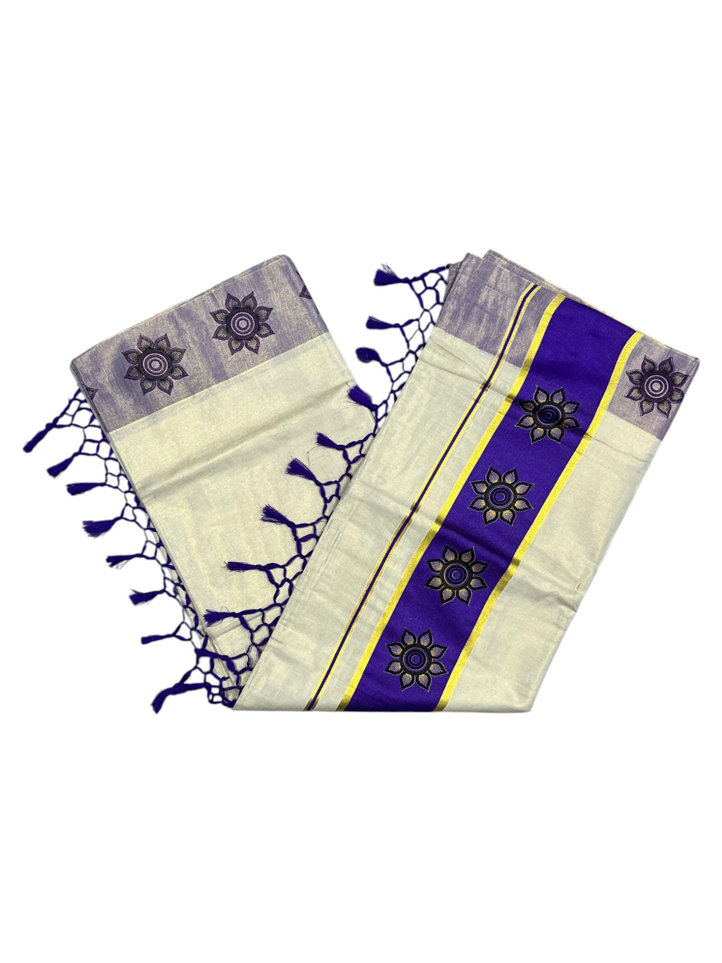 Southloom Kerala Tissue Kasavu Saree with Floral Block Prints in Blue Border