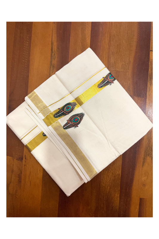 Pure Cotton Kasavu Mundu with Flute Feather Mural Painted Design (Onam Mundu 2023)