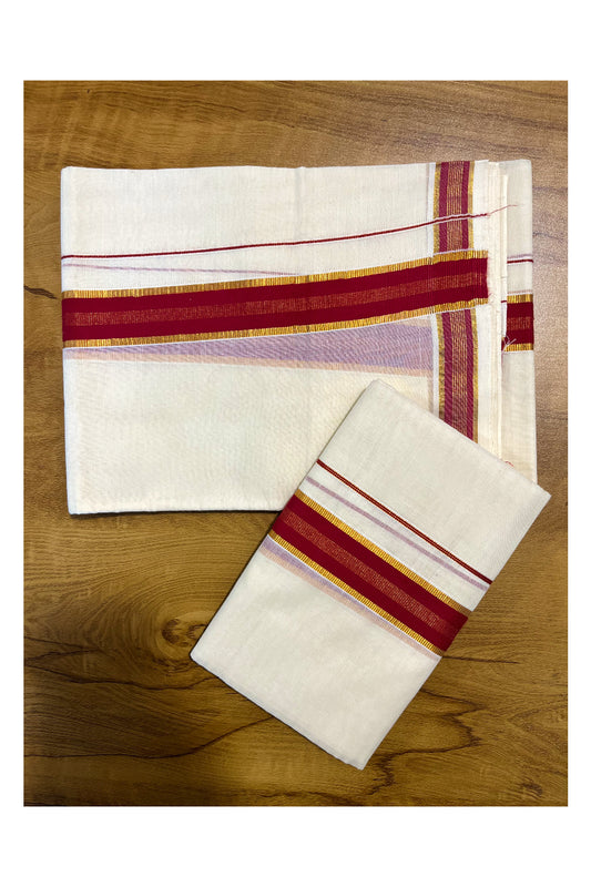 Kerala Cotton Mundum Neriyathum Single (Set Mundu) with Maroon and Kasavu Border