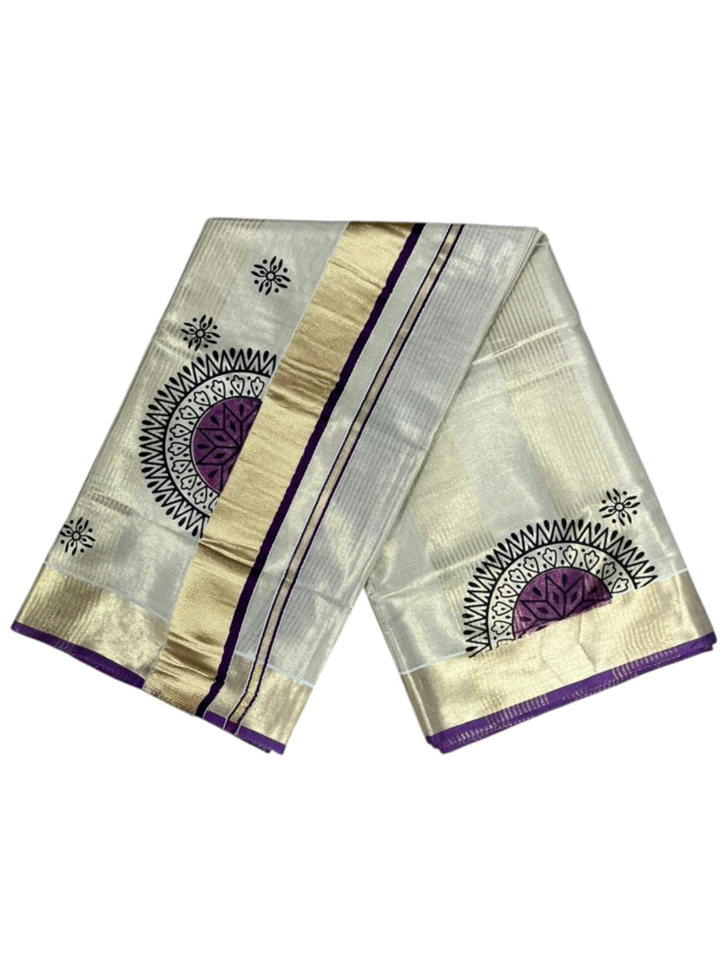 Southloom Tissue Kerala Kasavu Saree with Block Print on Body and Borders in Purple