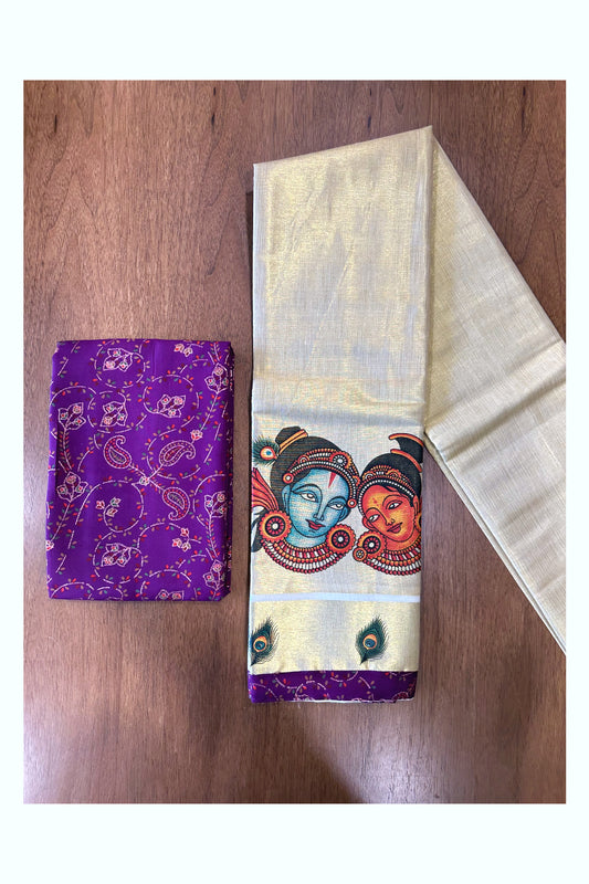 Kerala Tissue Block Printed Pavada and Magenta Designer Blouse Material for Kids/Girls 4.3 Meters