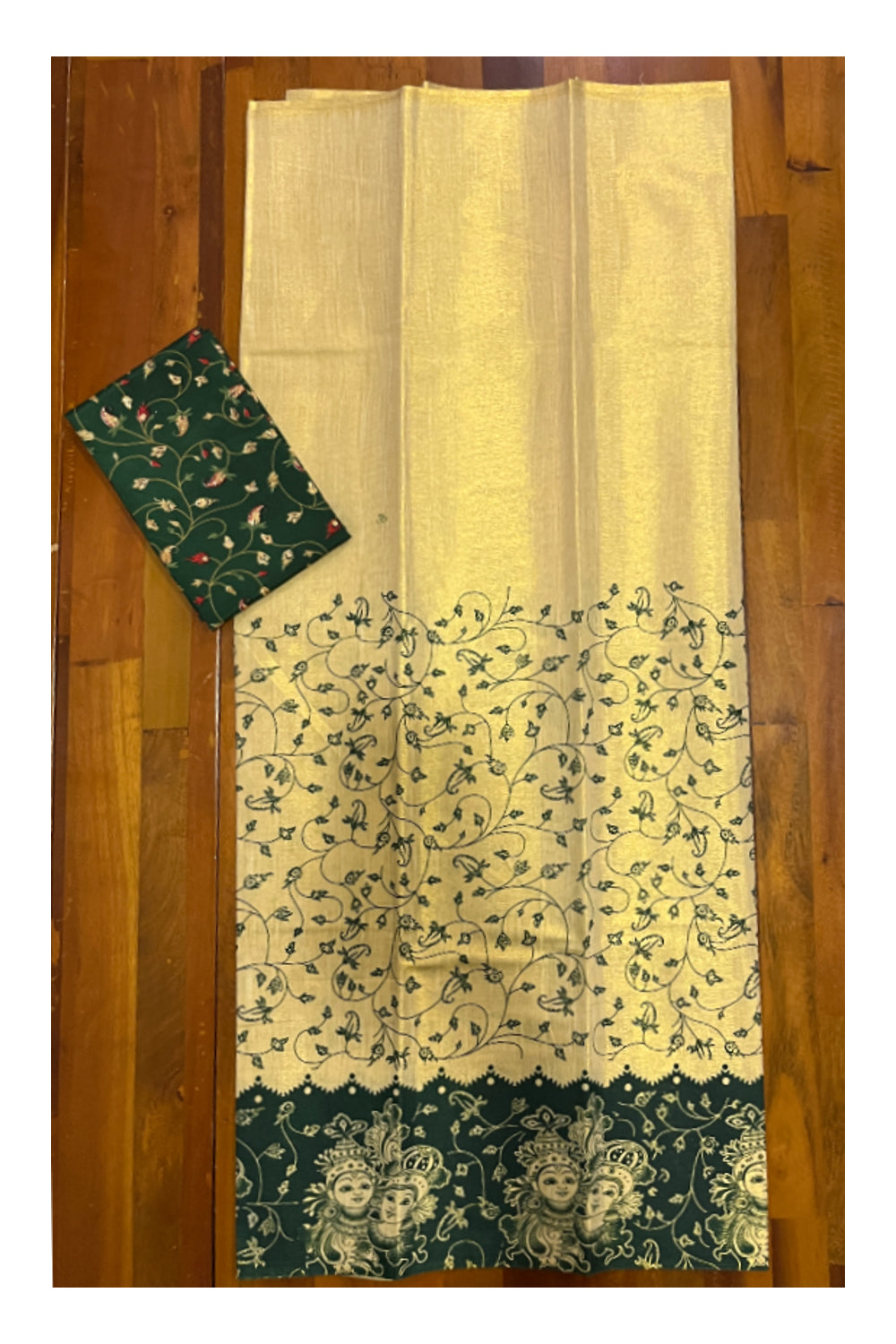 Kerala Tissue Block Printed Pavada and Green Designer Blouse Material for Kids 3 Meters