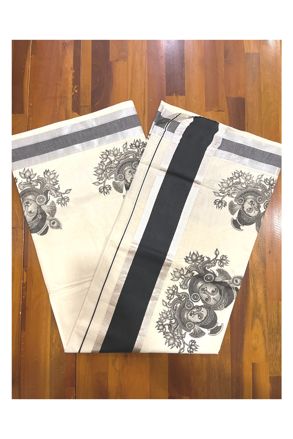 Pure Cotton Kerala Silver Kasavu Saree with Krishna Radha Face Mural Prints and Black Border (Onam Saree 2023)