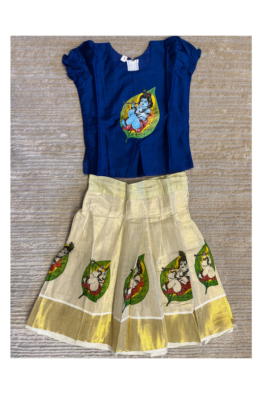 Southloom Kerala Blue And Tissue Kasave Pavada Blouse with Bead Work for Kids (Age 1 - 10)