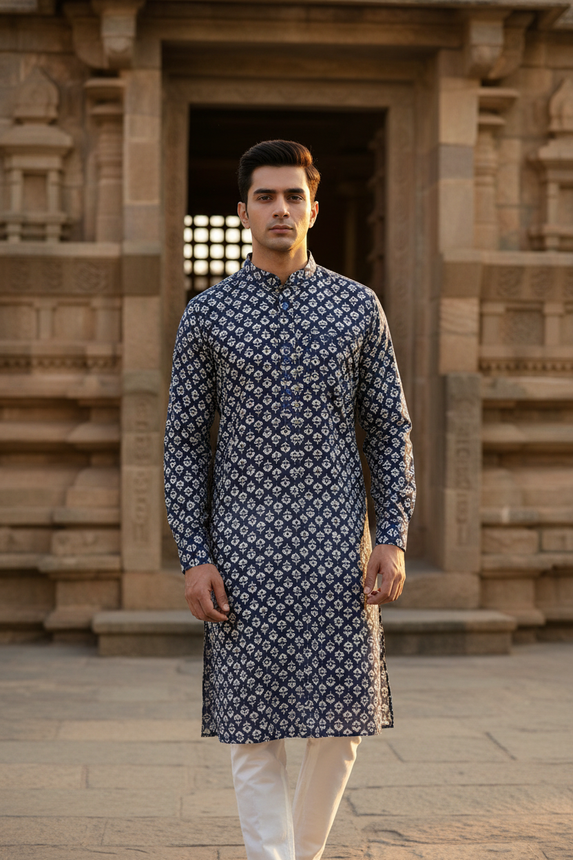 Southloom Semi Silk Short Kurta for Men in Blue Colour
